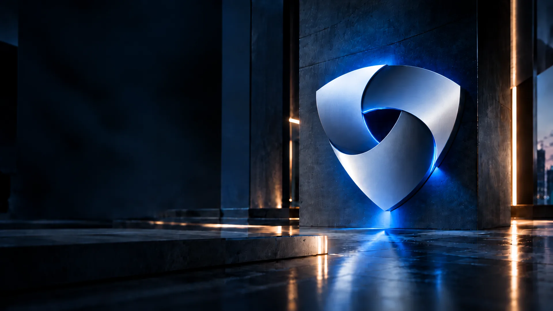 Glowing SOOPTEC emblem in a futuristic architectural atrium