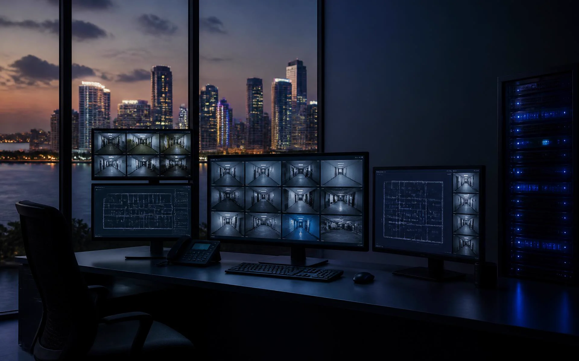 Security operations center overlooking the Miami skyline at dusk